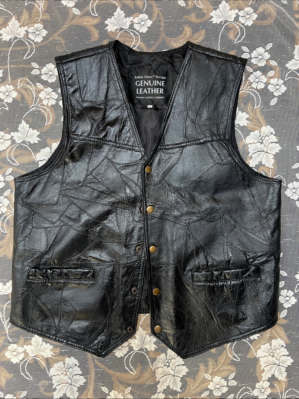Vintage Italian Stone Navarre Genuine Leather Patchwork Vest XL Biker Motorcycle